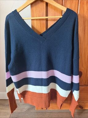prAna Norfolk Navy Striped V-Neck Sweater with Thumbholes - Medium